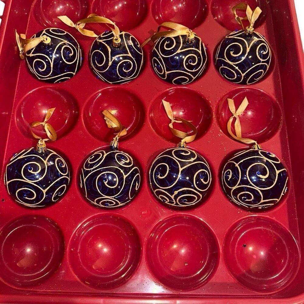 8 Blown Glass Blue With Gold Glitter Swirl Hanging Christmas Ornaments